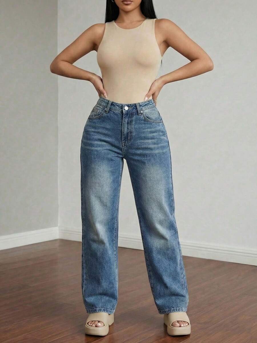 Women's High Waisted Wide Leg Jeans - Light Wash Straight Denim Pants Relaxed Fit Minimalist Aesthetic - 深色水洗藍 - 查看 1