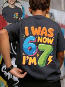 Tween Boy Funny "I'm 6, Now 7" Trending Digit 67 Cartoon Graphic T-Shirt, Comfortable Summer Top, Ideal Birthday Party And Gift For 7 Year Old Boy - Dark Grey - View 3