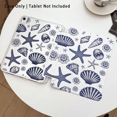 1pc Blue Starfish & Shell Acrylic Crystal Tablet Protective Case With Stand, Compatible With Samsung, Honor, Apple And Other Brands, Foldable Anti-Bend, Silicone Reinforced Corners, Auto Wake/Sleep, Built-In Pen Slot, Multi-Angle Adjustable Stand - Perfect Daily Protection, Ideal Gift