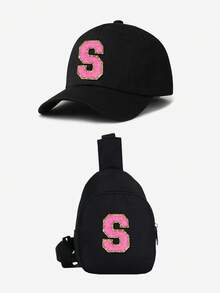 2pcs Kids Black & Pink Letter Baseball Cap Set, 26 Letters Customizable, Fashion Minimalist Sun Hat, Compact & Portable, Suitable For Boys & Girls Outdoor, Spring/Summer - Black - View 31