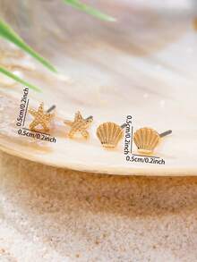 2 Pairs Minimal Seashell Starfish Earrings Set, Bohemian Boho Style Vacation Jewelry For Women Daily Wear And Beach Travel - Starfish Shell Earring Set - View 3