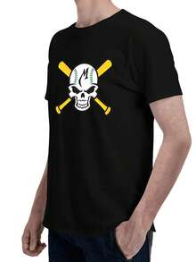 Camiseta Gráfica Hombre Calavera con Bate Cruzado, Playera Urbana Streetwear de Algodón Manga Corta - Negro - Ver 4
