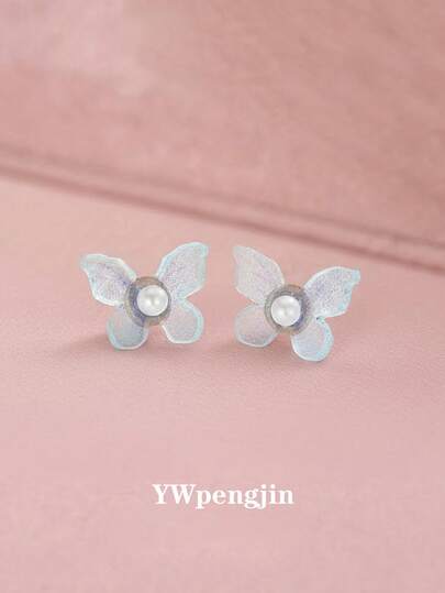 1pair Sweet Beautiful Faux Pearl Decor Blue Butterfly Stud Earrings For Girls For Daily Wear Jewelry Accessory Gift