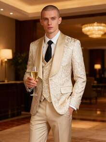 3 Piece Men's Tuxedo Suit For Wedding Prom Suits Slim Embroidered Paisley Blazer Jacket Vest Pants Set For Party,Dinner,Business,Festivals - Rượu sâm banh - Xem 3