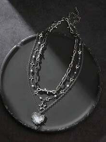 2pcs Multi-Color Retro Dark Punk Style Multi-Layered Rice Bead Metal Thorn Heart Star Pendant Necklaces, Valentine's Day Gift For Female Friends Valentines,Mom,Mother,Mother's Day,Gift - Bộ 2 dây chuyền nhiều lớp - Xem 10