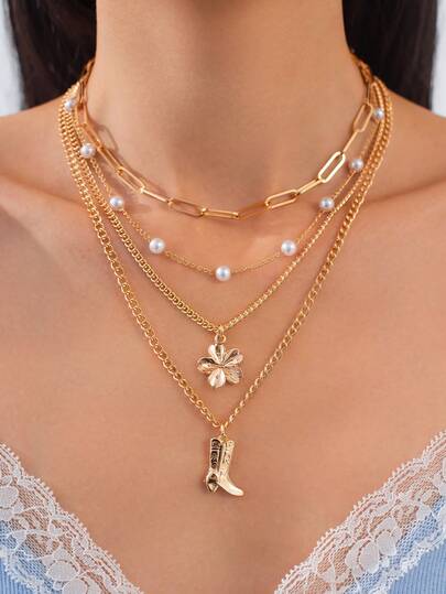 4pcs/Set Bohemian Style Boots, Floral Pendant Necklace, Elegant Minimalist Geometric Chain Necklace, Versatile For Daily, Party, Date, Women's Festival Birthday Gift