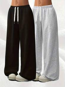 女士宽松直筒运动裤，休闲阔腿裤，百搭运动休闲长裤，春夏款 - 黑色 - 查看 1