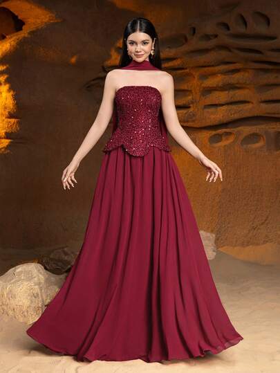  Alisa&Leo Sequin Chiffon Dress - Sleeveless Sequin Embellished Top With Flowing Skirt - Suitable For Prom, Wedding, Formal Dinner Occasions
