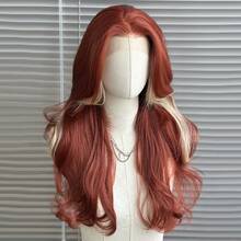 13x4 红色蕾丝前假发，13 英寸长波浪高光泽合成假发，22 英寸长无胶 Kanekalon 耐热纤维假发，自由分缝，150% 密度，适合日常、派对、节日佩戴，新手友好型透明蕾丝假发 - 紅色 - 查看 12