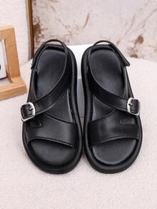 1双男女通用时尚新款PU魔术贴平底可爱凉鞋，软底防滑儿童沙滩鞋，适合夏季穿着 - 黑色 - 查看 3