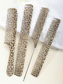 Leopard Print Double Sided Steel Pin Hair Comb, Anti-Static Smoothing Styling Comb (1Pc/4pcs) - Multicolor - View 1