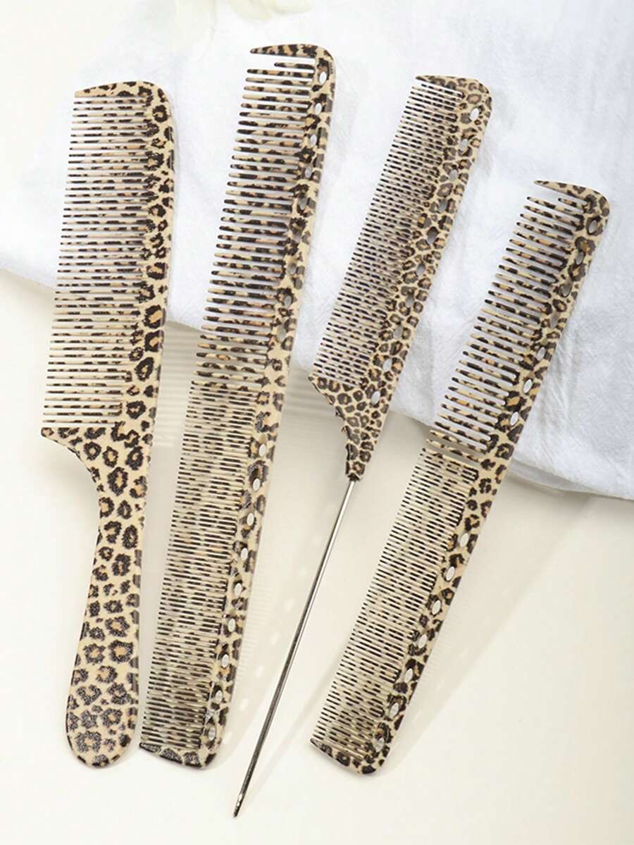 Leopard Print Double Sided Steel Pin Hair Comb, Anti-Static Smoothing Styling Comb (1Pc/4pcs) - Multicolor - View 1