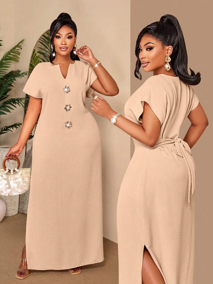 BIUBIU Plus Size Beige Decorative Button Long Dress - V-Neck Short Sleeve Tie-Waist Back Slit Maxi Dress, Suitable For Summer Vacation And Casual Daily Wear Elegant - Light Khaki - View 1