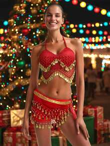 Áo croptop buộc dây tua rua đính sequin dành cho nữ, trang phục múa bụng phong cách Bohemian cho các lễ hội và buổi biểu diễn. - Nhiều màu - Xem 1