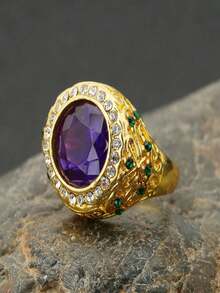 1pc Fashionable Men's Classic Elegant Luxurious Purple Zirconia Ring, Wedding Engagement Party Jewelry Gift - Gold - View 5