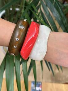 1 件新款时尚简约夸张不对称几何方形树脂手链，琥珀色和橙色扎染双色，可堆叠木质手链，适合日常、度假、派对场合（木质手链采用纯天然颗粒制成，内径约为 58-60 毫米，购买前请仔细检查尺寸，尺寸问题不接受退货） - 彩色 - 查看 12