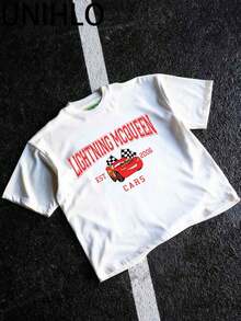 Disney UNIHLO Lightning Mcqueen   Pattern Print  Summer Casual Versatile Pure Cotton T-Shirt Suitable For Any Place - trắng - Xem 5