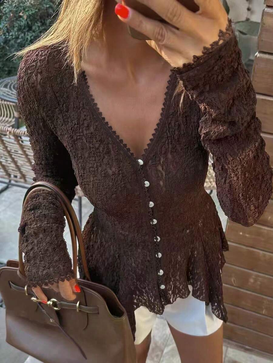 Camisa de manga larga con detalle de encaje para mujer EARO, de longitud regular, versátil y cómoda con un ligero estiramiento para la primavera - Café integral - Ver 1