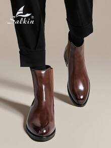 Salkin Vintage Designer Men's Chelsea Boots, Pull-On Style, Pointed Toe Design, Luxury Mid-Calf Ankle Boots, Men's Soft Genuine Leather Boots, Gentleman Business Formal Shoes, Daily Office Party Casual Shoes, Couple's Romantic Dinner Date Gift, Back To School Student Shoes, College Style, Suggest Sizing Up One Size - Rust Brown - View 10