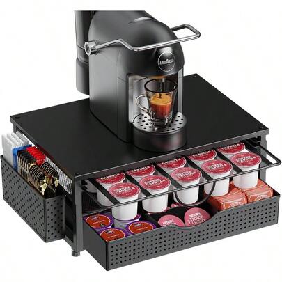 Holder, Coffee Pod Holder With 2 Tier Sliding Storage Drawer And 1 Hanging Basket For 51 Large Or 73 Small Capsule,  Coffee Station Organizer Accessories For Counter,Home,Office,Kitchen