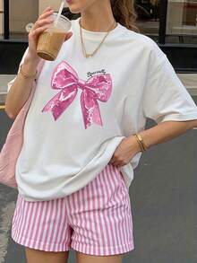 Camiseta de mujer de primavera y verano con estampado de lazo, diseño especialmente estampado, multifuncional, de cuello redondo y manga corta, cómoda y práctica, precio asequible, nuevo producto lanzado - Blanco - Ver 6