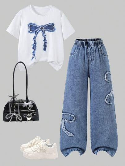 2pcs/Set Tween Girls Casual Comfortable Pearl Bow Print Round Neck T-Shirt And Loose Retro Bowknot Distressed Blue Denim Jeans, Summer