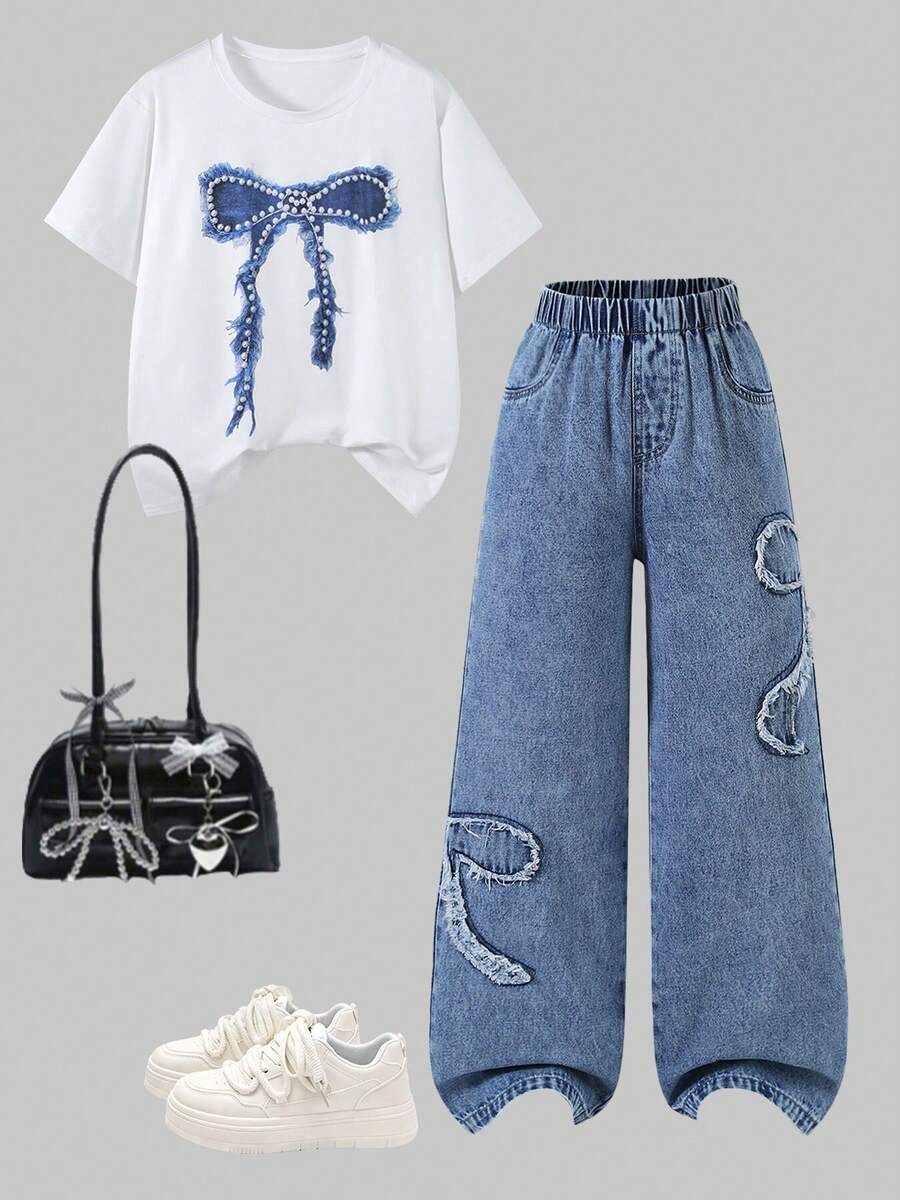 2件套：少女休闲舒适珍珠蝴蝶结印花圆领T恤和宽松复古蝴蝶结做旧蓝色牛仔裤，夏季 - 彩色 - 查看 1