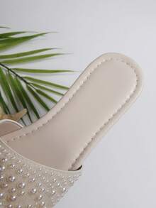 Plus Size 41 Beige Women's Slippers, Round Toe Flat Sandals For Spring/Summer, Suitable For Dresses To Make Legs Look Longer, Fashion Rhinestone Strap Slides, Beautiful Girl Summer Beach Shoes, Non-Slip Home Slippers, Lovely Girl Plastic Slippers Size 43 - Beige - View 10