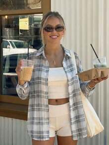 1件女士夏季格子长袖轻薄透气休闲衬衫，适合海滩、度假、日常穿着和约会。 - 白色 - 查看 5