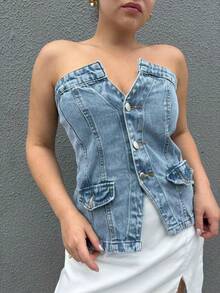 ZOEYA modern chic 077  top jeans feminino cropped sem brilho - Lavagem Média - Visão 1