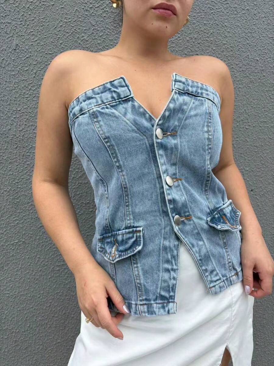 ZOEYA modern chic 077  top jeans feminino cropped sem brilho - Lavagem Média - Visão 1