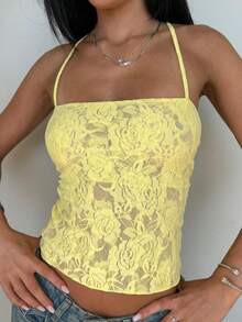 Vaiaye Women's Fashion Lingerie-Style LaceTop And Spring-Summer Print Scoop Neck Fitted Casual Vacation Sexy Backless Women Camisole,Beach Vacation Woman St Patrick,Going Out T-Shirt - Yellow - View 4