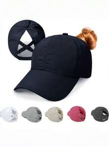 1pc Unisex Baseball Cap With Ponytail Hole - Breathable Quick-Dry Mesh Cap, Adjustable Design, Available In Black/White/Pink/Gray, Suitable For Running & Casual Wear. Material: [Fabric Material] - Multicolor - View 6
