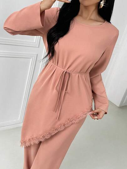 女士纯色蕾丝边上衣和裤子套装，优雅阿拉伯风两件套，端庄套装，度假装，婚礼宾客装，夏季假日装