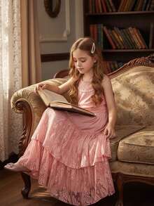 青少年女孩细肩带花童婚纱，带蕾丝镂空后背和全喇叭裙 - 粉色 - 查看 6