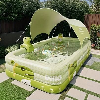 1个大型充气游泳池，可爱怪兽图案，适合春、夏、秋季家庭戏水、庭院泳池派对，采用耐用PVC材质，可折叠便携，是母亲节、复活节、婚礼季的完美礼物