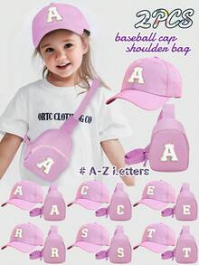Set de 2 piezas de gorra de béisbol con estampado de letras del abecedario 26 y mochila para niños y niñas, adecuado para uso diario, un gran regalo para volver a la escuela - Morado - Ver 2