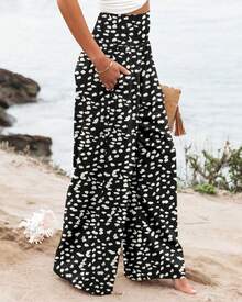 Womens Elastic High Waisted Palazzo Pants Casual Wide Leg Long Lounge Pant Trousers With Pocket - #2 Blackleopard - View 2