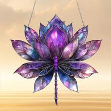 蓝色莲花蜻蜓太阳捕光器，2D亚克力悬挂装饰，紫色彩绘玻璃风格，窗户家居装饰，梦幻星空艺术，波西米亚风，光捕器吊坠，室内外装饰 - A - 查看 3