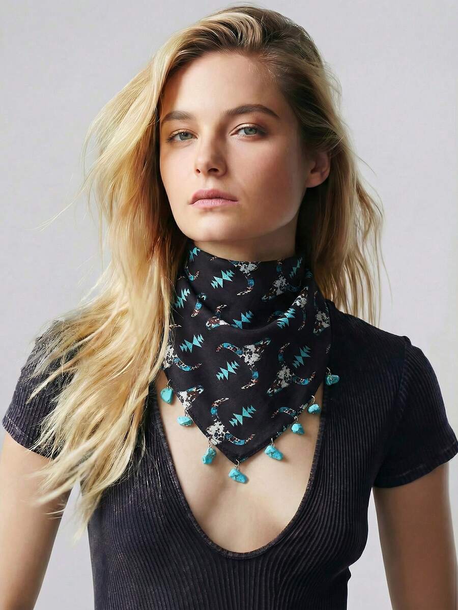1pc Women's Fashion Western Leopard Print Bull Head Pattern Denim-Style Scarf - With Turquoise Pendant Multifunctional Scarf, Polyester Material, Suitable For Daily Fashion Matching - Multicolor - View 1