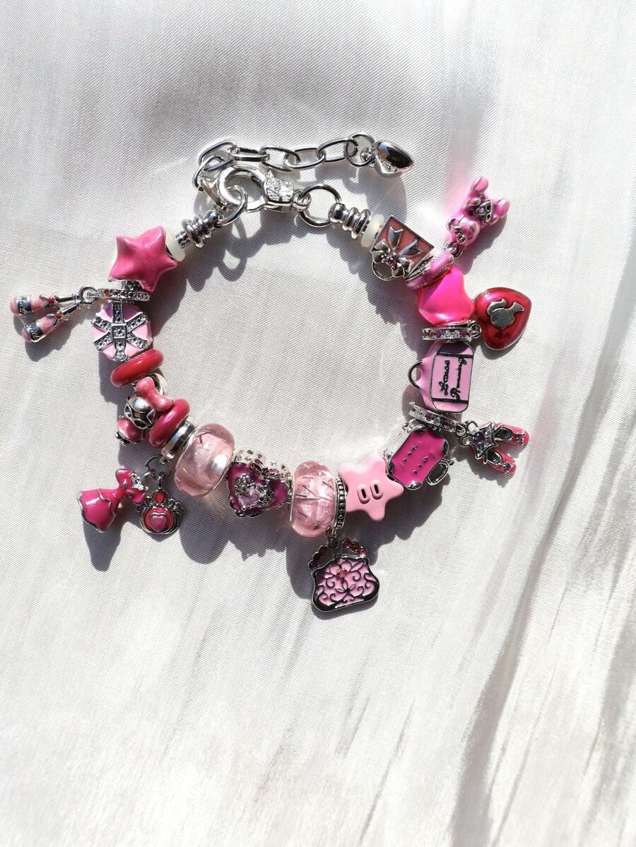 1pc Pink Charm Bracelet, Bag Bracelet, Star Girl Bracelet, Pink Star Bag Bracelet, Fashionable Street Style Star Bracelet - Silver - View 1
