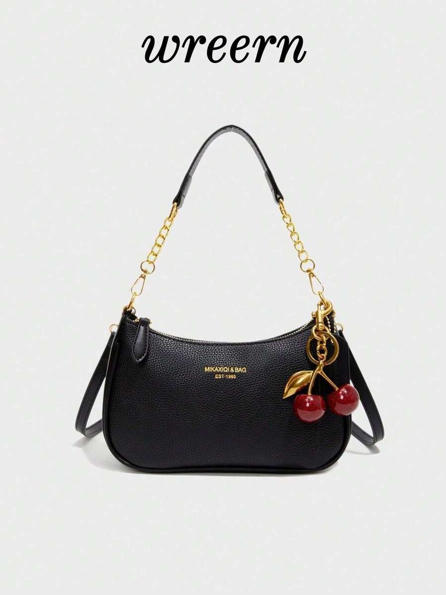 Selected Valentine's Day Gifts. The 2026 New Women's Black Fashionable Texture Single Shoulder Crossbody Bag, Paired With A Red Cherry Pendant, Is A Casual And Simple Underarm Crossbody Bag That Can Be Carried On One Shoulder Or Diagonally. It Has A Wide Range Of Applications, Suitable For Leisure Shopping, Daily Commuting, Gatherings, And Parties. - 黑色 - 查看 1