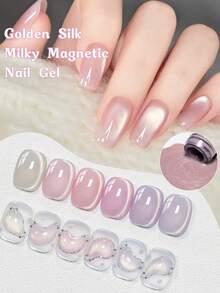 MEET ACROSS 6pcs Golden Silk Milky Cat Eye Gel Nail Polish Set With Magnet Stick, 7ml Nude Pink Gold Light Jelly Glass Beads Effect Cat Magnetic Gel Polish , Semi Permanent Soak Off UV Gel Varnish For Summer Nails, Manicure Nail Art DIY For Home And Salon Nail Supplies - 彩色 - 查看 7