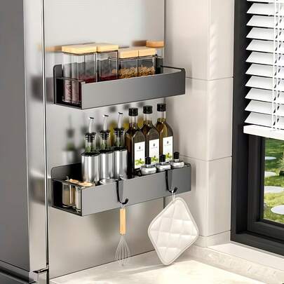 2pcs Upgraded Magnetic Side Storage Rack Set, Comes With Hooks, Modern Magnetic Drill Free Metal Storage Rack With Hooks, Suitable For Refrigerator And Washing Machine, Easy To Install, No Drilling Required, Fashionable Black Metal Surface