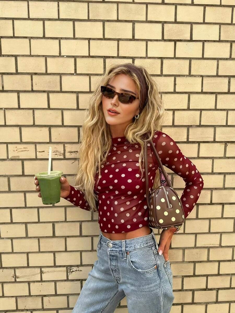 Women's Elegant Casual Fashionable Sexy Mesh Classic Polka Dot Cropped Top - Boat Neck, Front Ruching, Waist Ruching Details, Long Sheer Sleeves - Burgundy - View 1