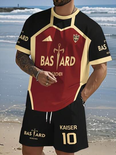 男士最新款剑10图案3D印花透气短袖T恤和短裤套装，夏季休闲街头风