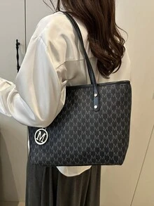 1 件白色复古花卉字母装饰金属五金 PU 手提包，大容量女士单肩包（金属吊坠左/右随机，不固定） - 黑色 - 查看 5