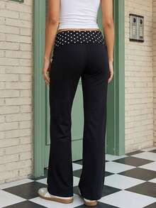 Fold Over Yoga Pants For Women Y2k Vintage Polka Dots Print Low Rise Flared Leg Sweatpants Casual Going Out Stretchy Bell Bottoms Lounge Trousers - 黑色 - 查看 8