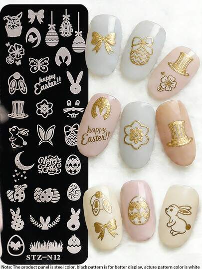 1pc Rabbit Egg Nail Art Stamping Plate, Cartoon Cute Rabbit Ear & Flower Easter Design Y2K Style Print Template Nail Art Accessories Tool, DIY Nail Salon, Nail Art Supplies