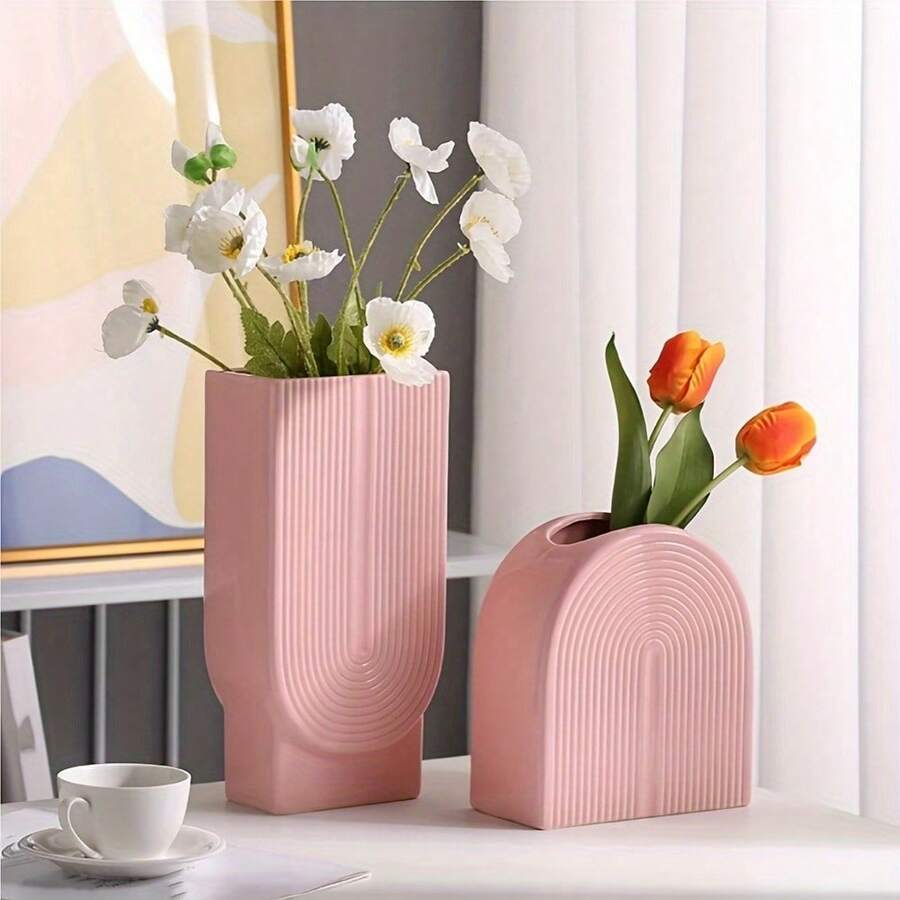 Vase en céramique rose géométrique moderne - Décoration d'intérieur - Taille unique - Voir 1